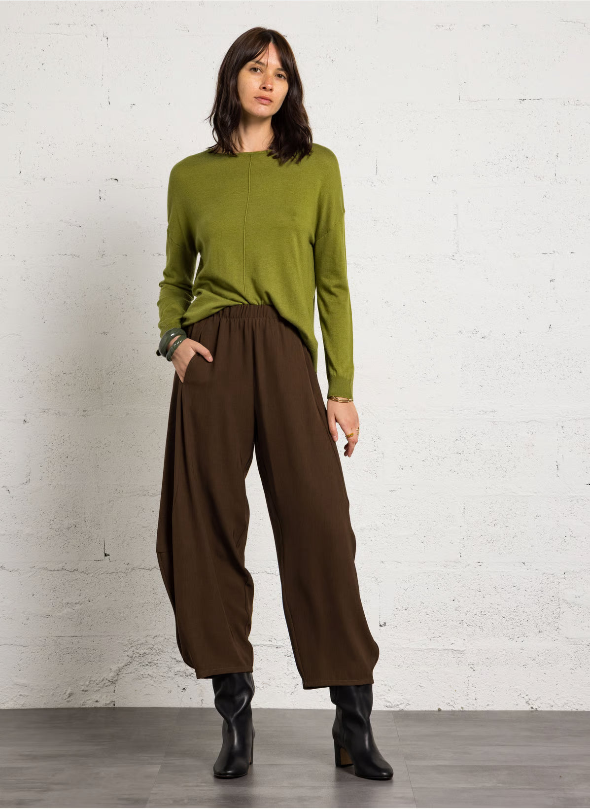 IMPERIAL - Pantalon Large Cropped Taille Elastique Chocolat