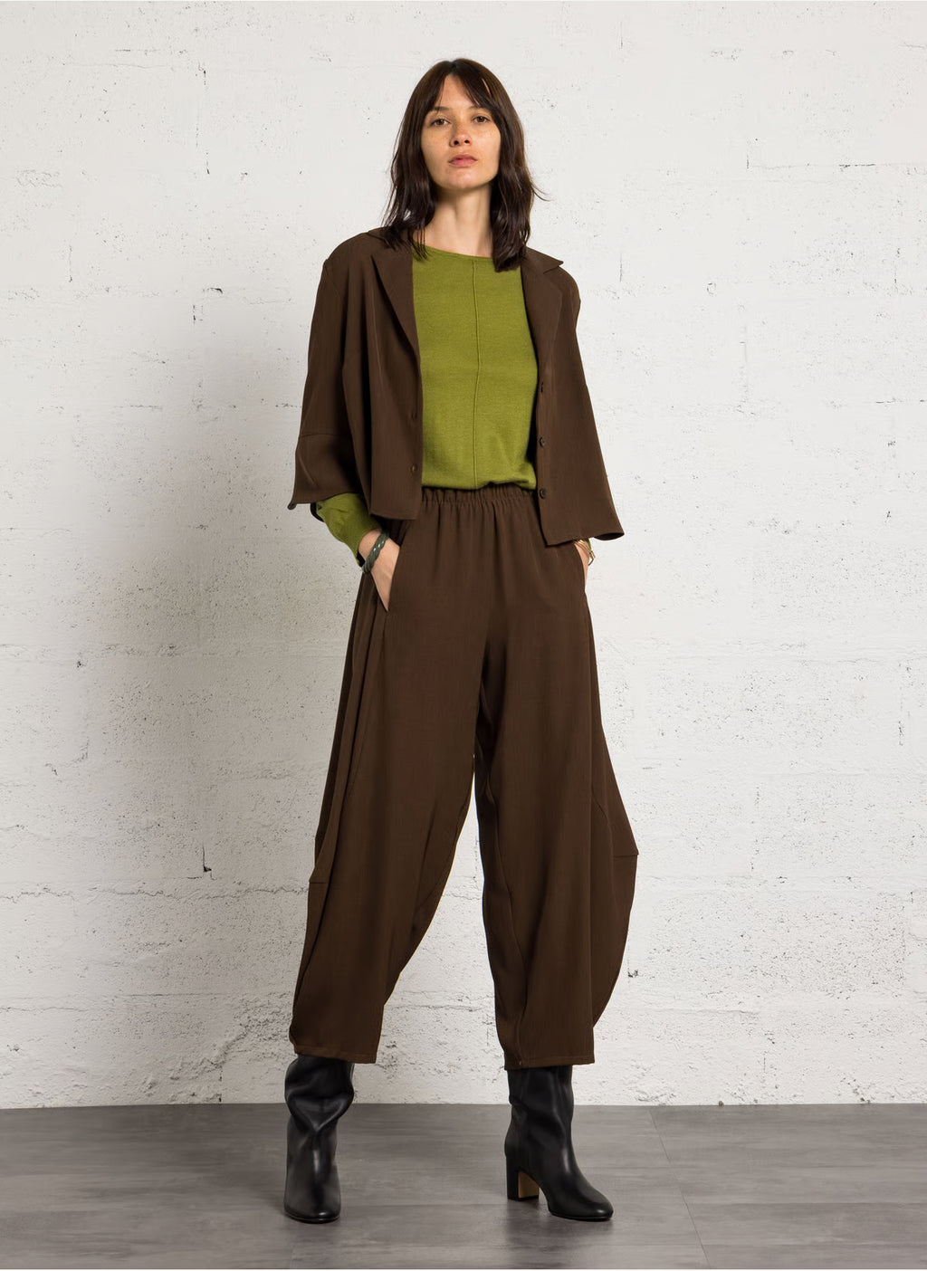 IMPERIAL - Pantalon Large Cropped Taille Elastique Chocolat