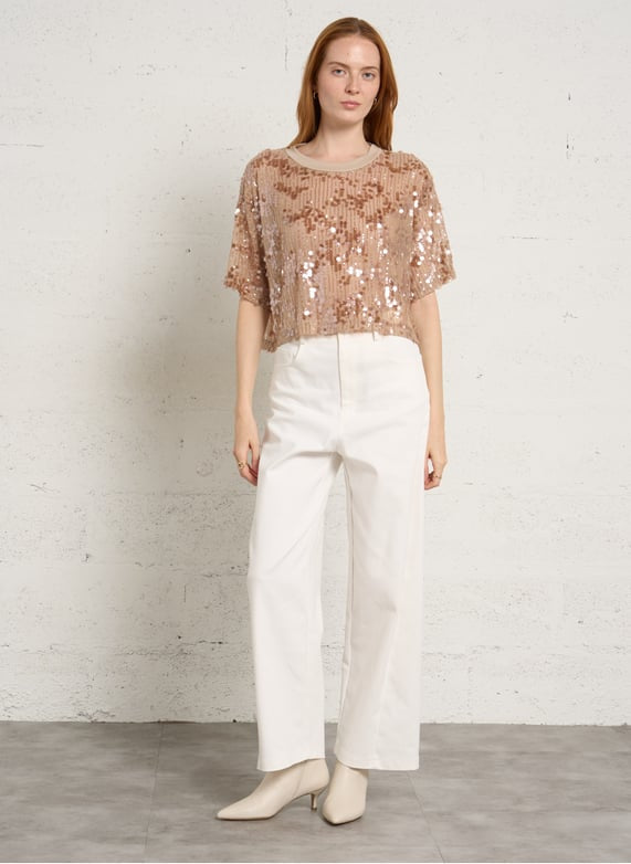 IMPERIAL – Tee-Shirt à Sequins Manches Courtes Rose Cipria