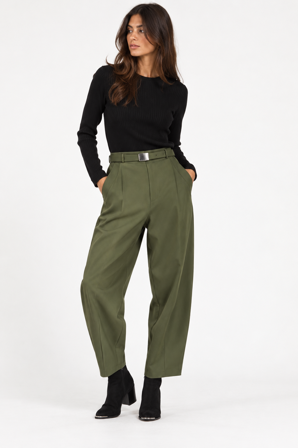 IMPERIAL - Pantalon ballon 3/4 taille haute ceinturé kaki