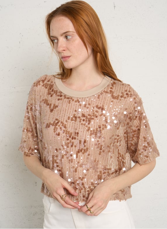 IMPERIAL – Tee-Shirt à Sequins Manches Courtes Rose Cipria