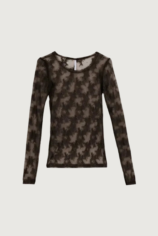 IMPERIAL – Top Transparent Manches Longues à Broderies Florales