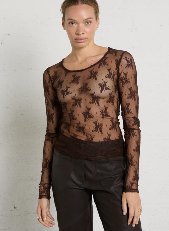 IMPERIAL – Top Transparent Manches Longues à Broderies Florales