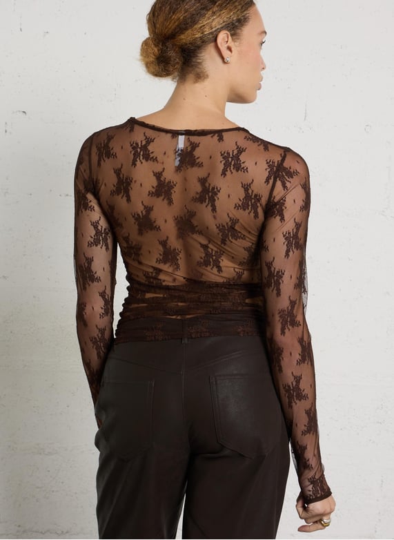 IMPERIAL – Top Transparent Manches Longues à Broderies Florales